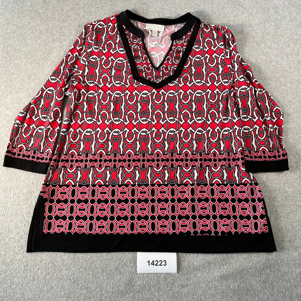 Dana Buchman Blouse Top Women XL Red Black Chain Print Stretch Split Neck Casual